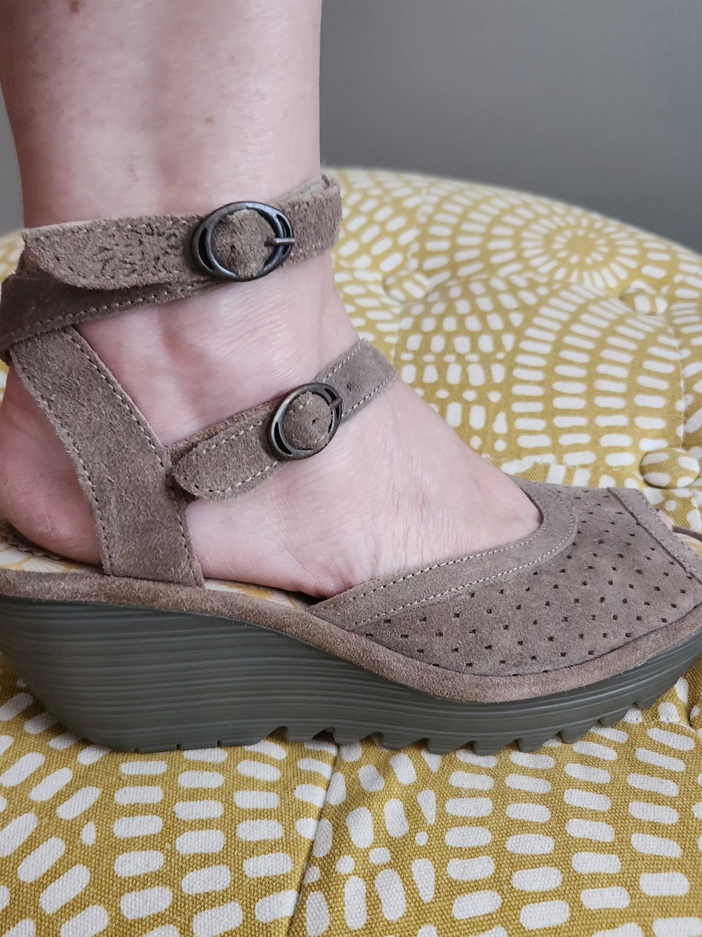 Fly London  Taupe Suede Ankle-Strap Wedge Sandal